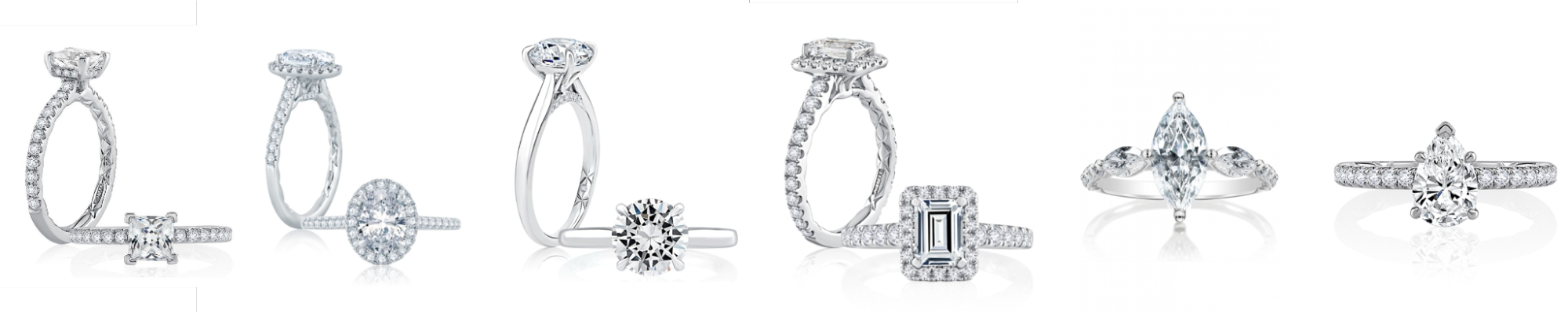 center stone shapes for engagement rings: princess, oval, round, emerald, marquise, and pear