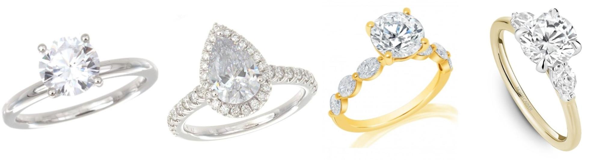engagement ring settings: solitaire, halo, sidestone, and three stone ring