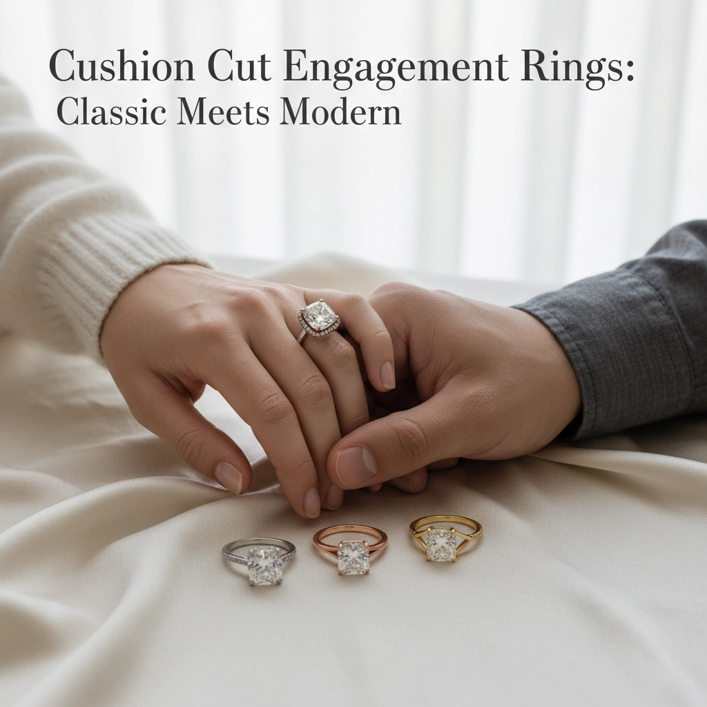 Cushion Cut Engagement Ring With Fiance Holding Hand